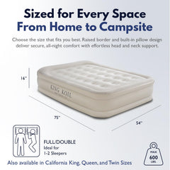 King Koil luxury air mattress full-size 75x54x16 for spacious in-home sleep.