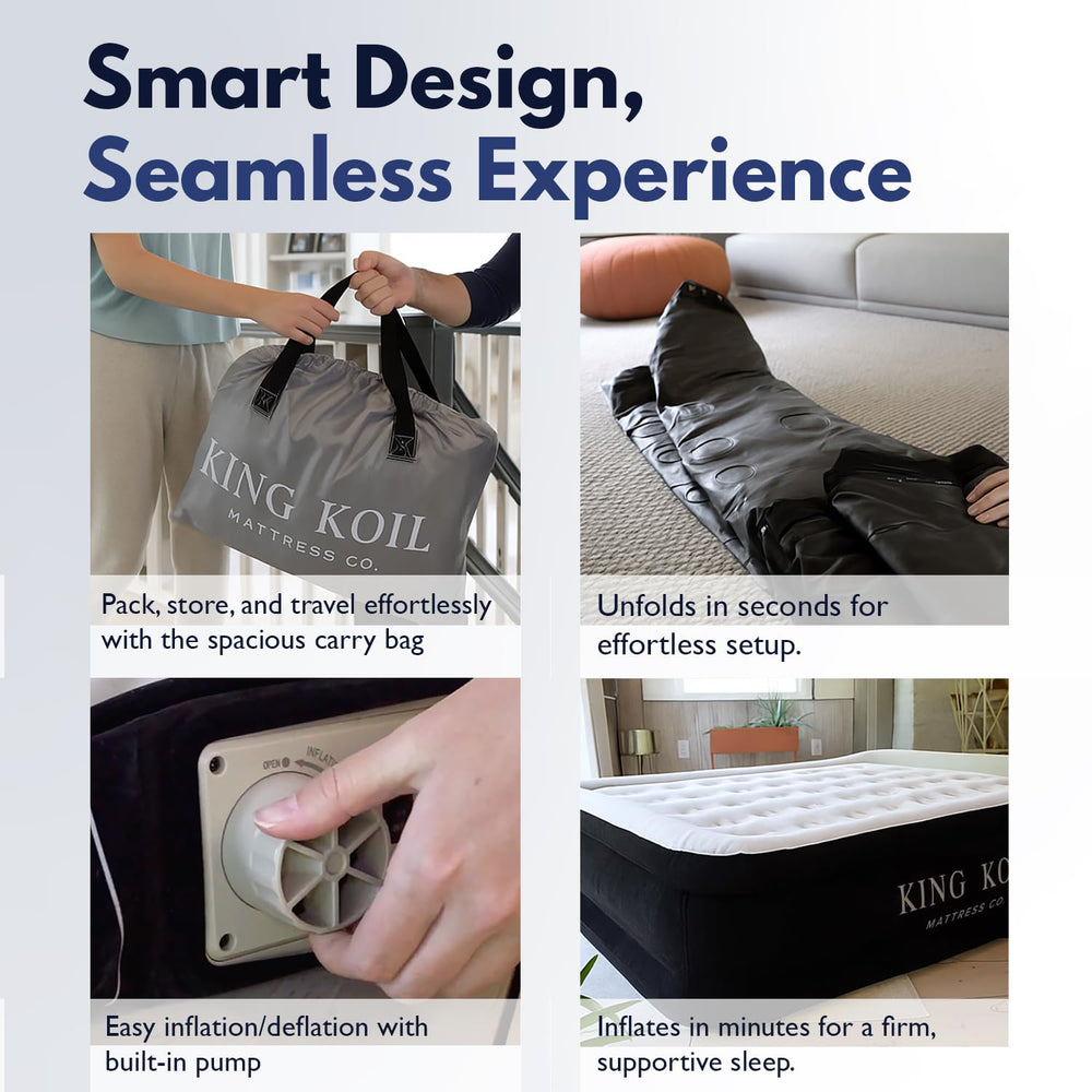 King Koil luxury air mattress queen in a spacious bedroom setup