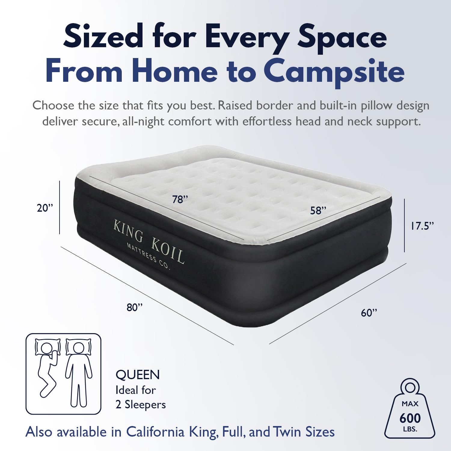 King Koil luxury air mattress queen coil-beam support distributes weight evenly