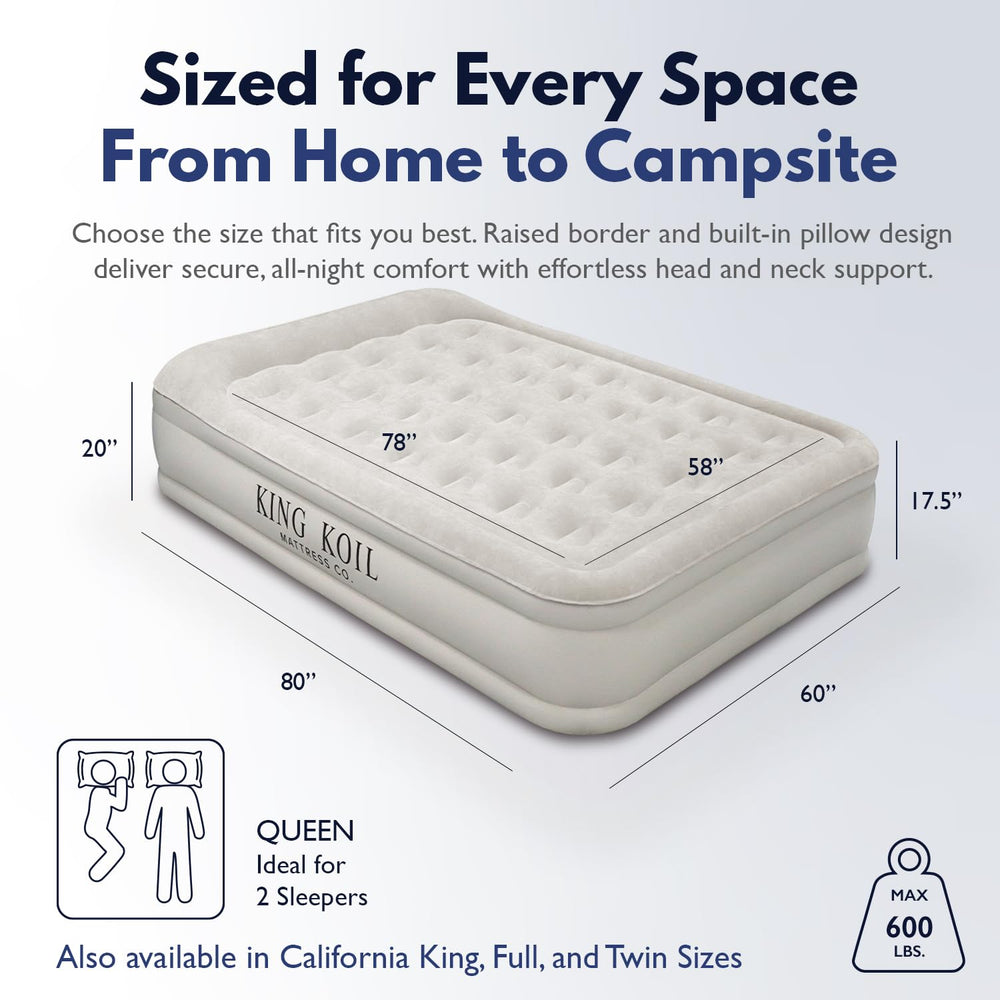 King Koil queen air mattress showing built-in pump for quick inflation.