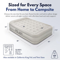 King Koil queen air mattress showing built-in pump for quick inflation.
