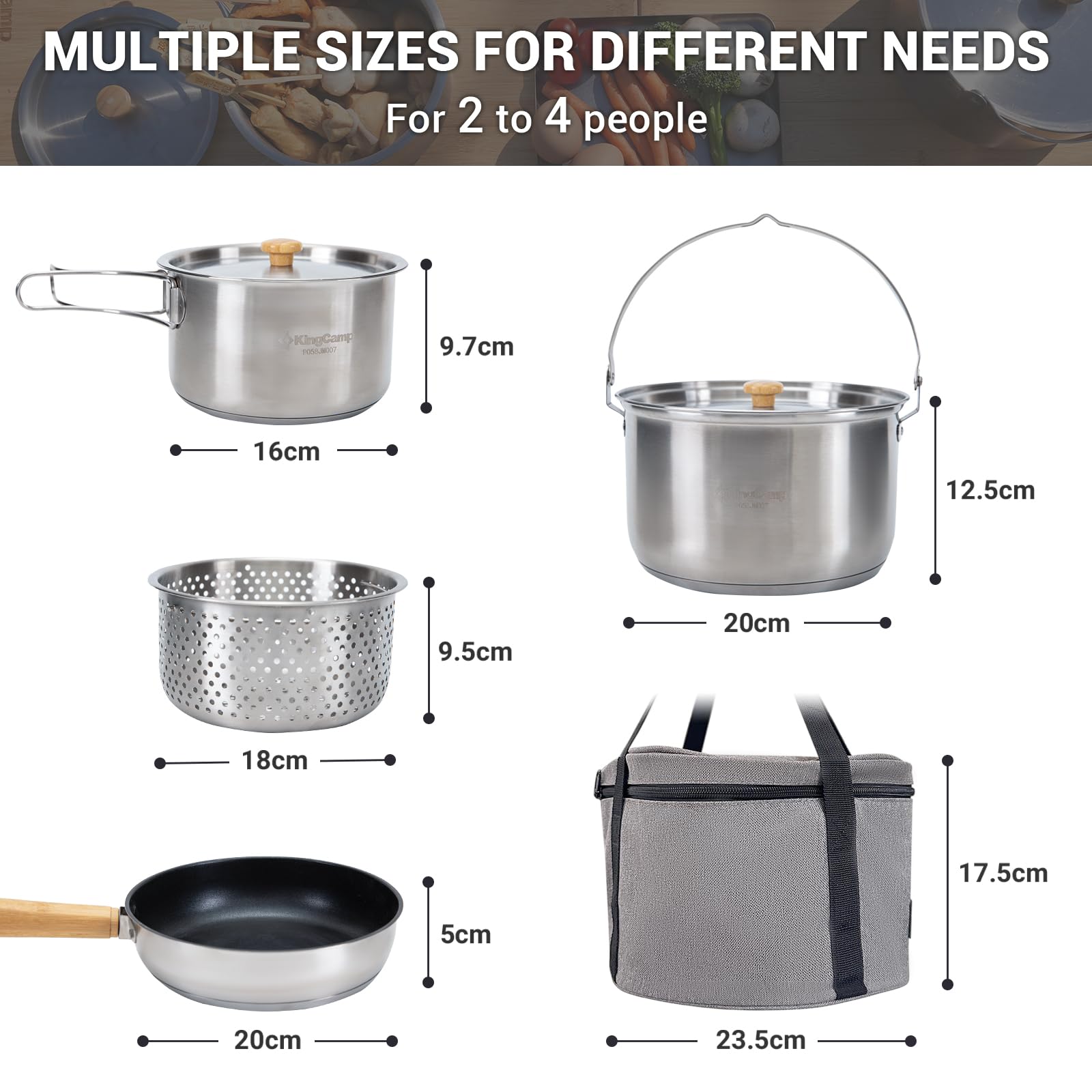 KingCamp 304 stainless steel cookware provides durable, quick heat distribution.