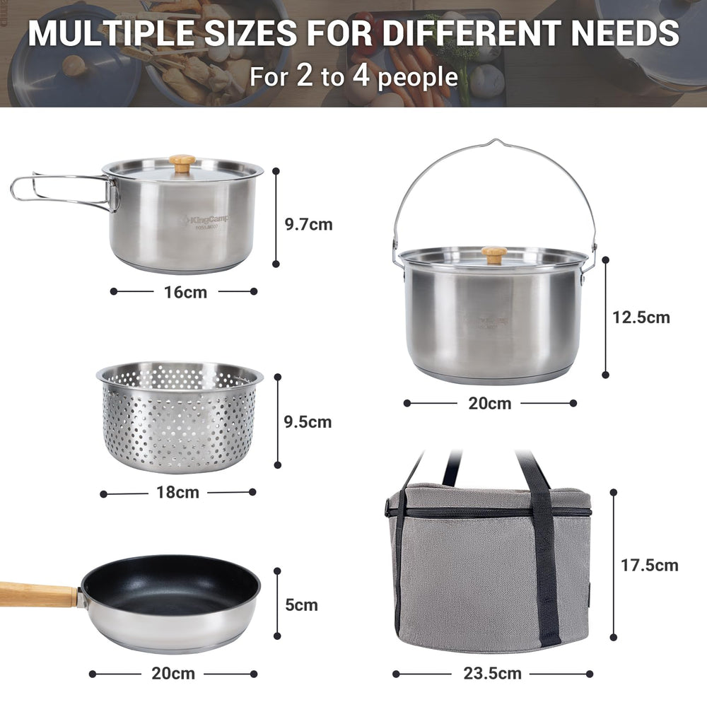 KingCamp 304 stainless steel cookware provides durable, quick heat distribution.