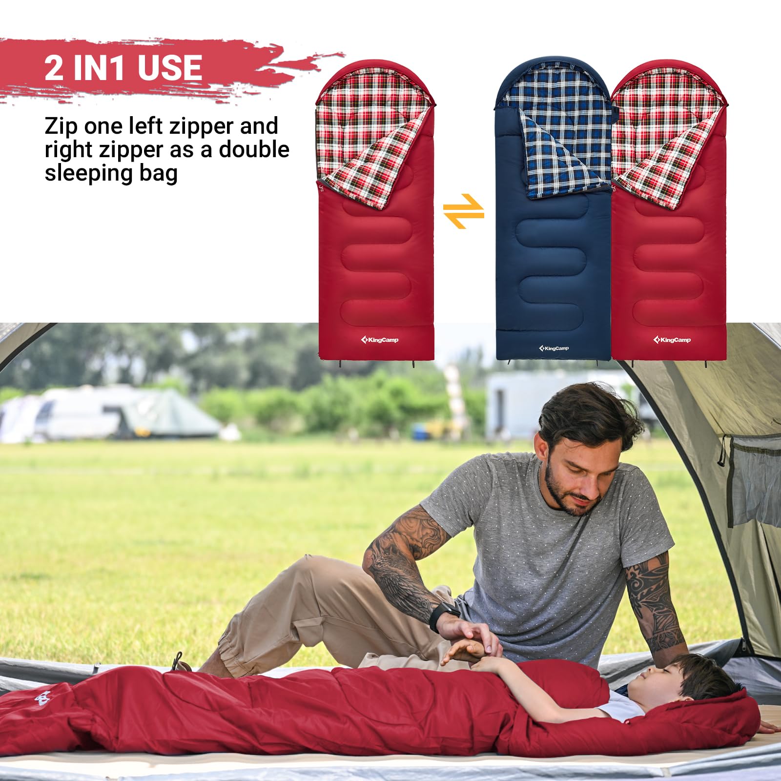 KingCamp 45°F kids sleeping bag features 2-way zippers for versatile pairing.