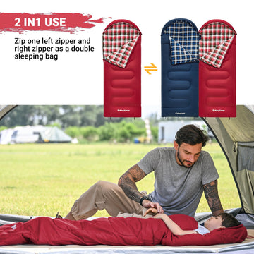KingCamp 45°F kids sleeping bag features 2-way zippers for versatile pairing.