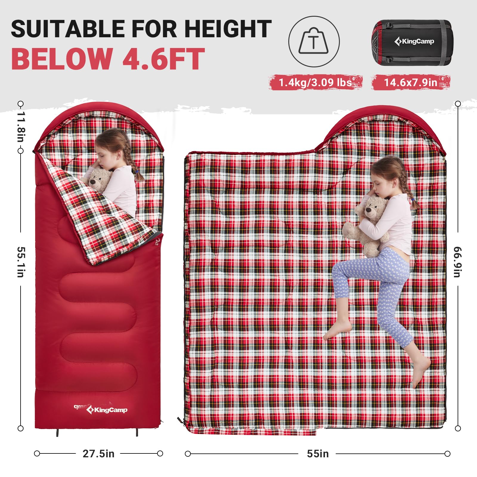 KingCamp 45°F kids sleeping bag with soft flannel lining for quiet comfort.