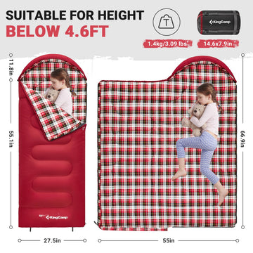 KingCamp 45°F kids sleeping bag with soft flannel lining for quiet comfort.