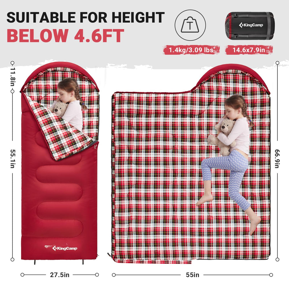 KingCamp 45°F kids sleeping bag with soft flannel lining for quiet comfort.