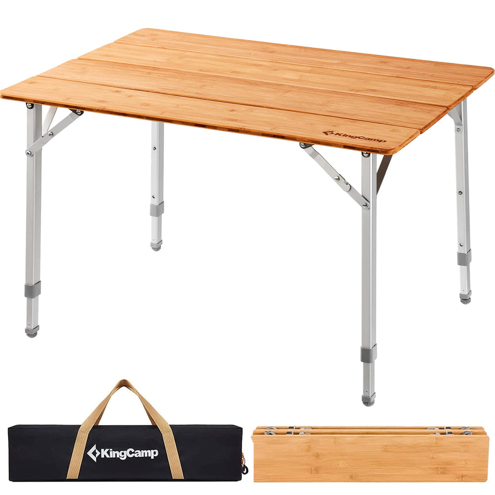 KingCamp adjustable table bamboo top shows a durable 12mm surface for outdoor prep.