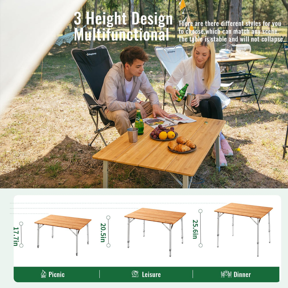 KingCamp bamboo top dining surface ideal for meals or games outdoors.