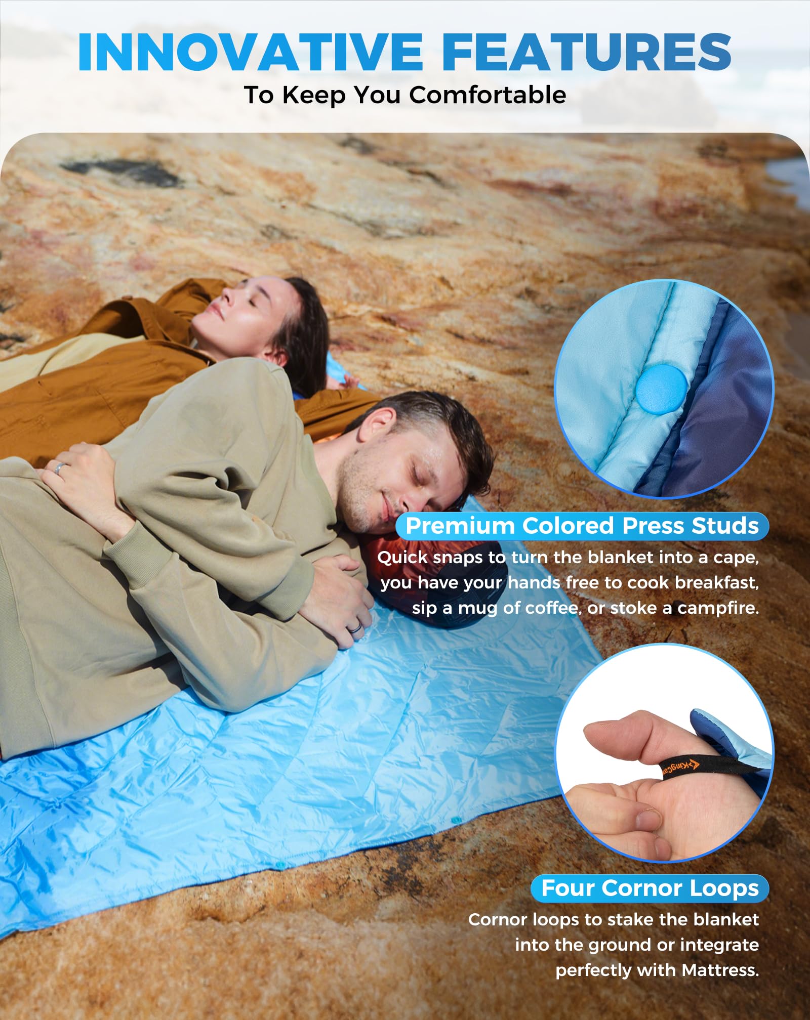 KingCamp blanket with DWR shell resists wind and light rain