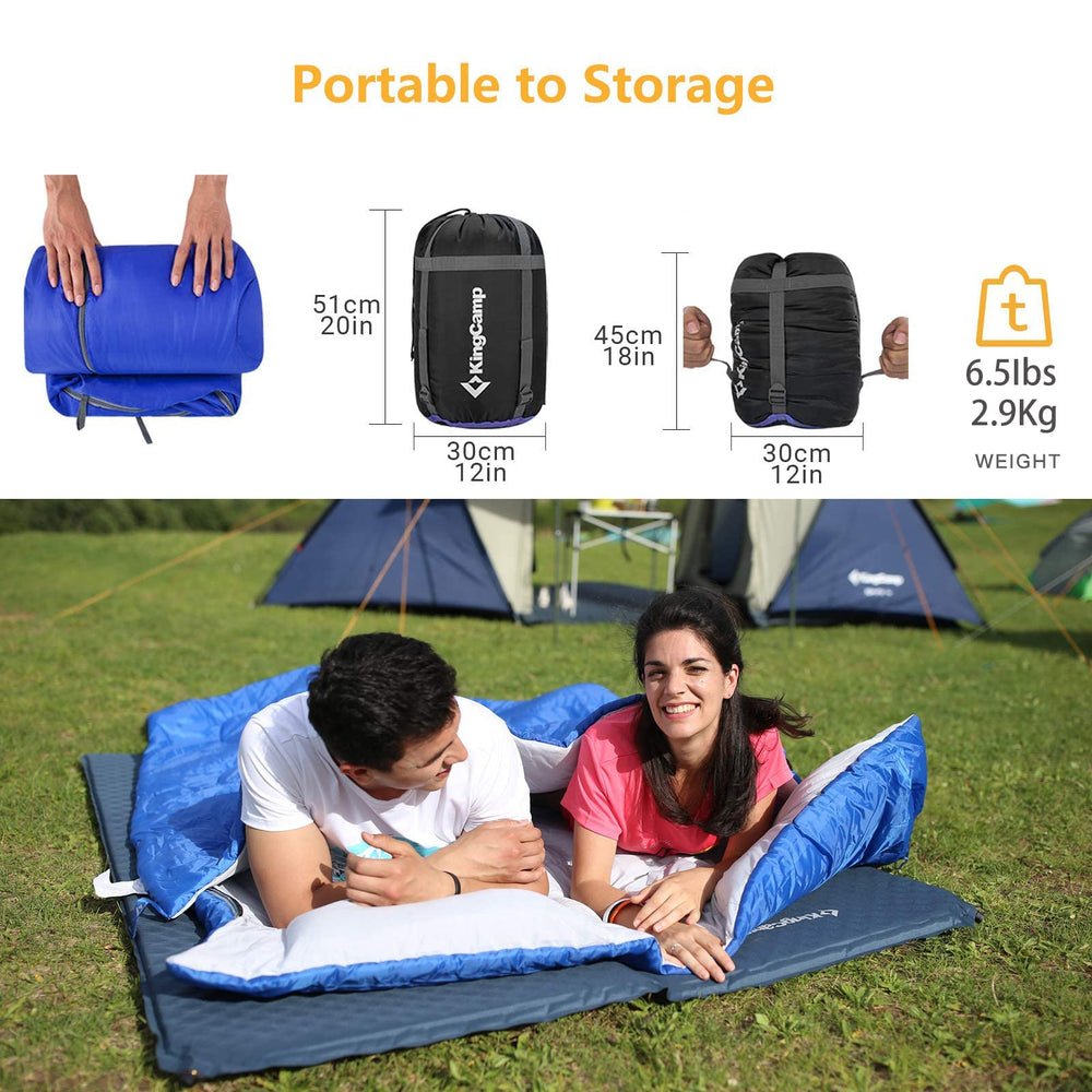 KingCamp blue sleeping bag ensemble suits family or couple setups.
