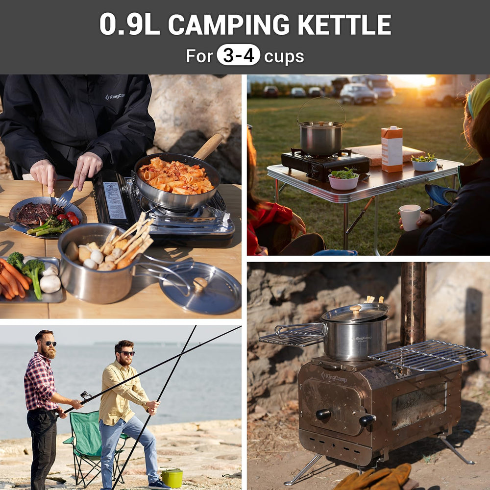 KingCamp cookware shown over a campfire setup, ready for outdoor cooking