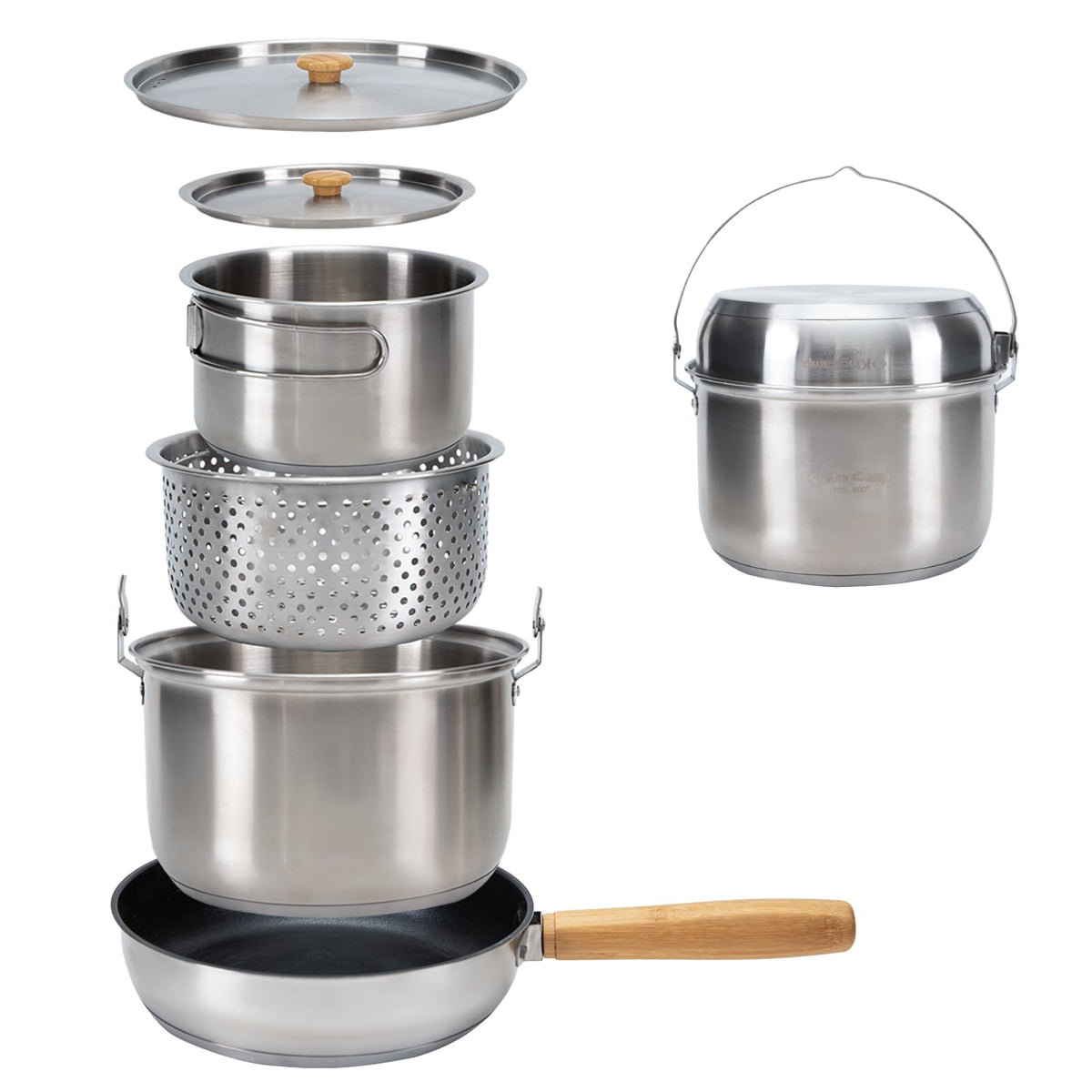 KingCamp camping cookware set stacked for compact storage on trips.