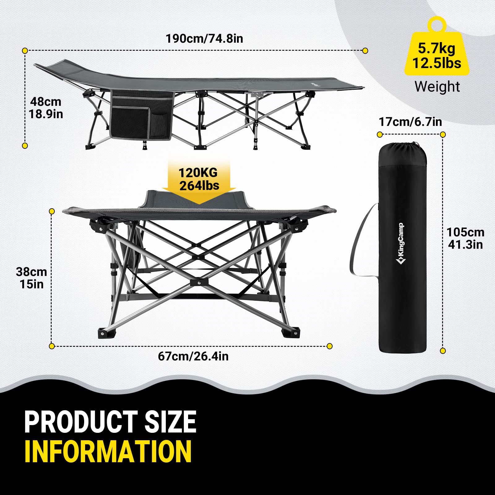KingCamp cot with sturdy carbon steel frame offers reliable support
