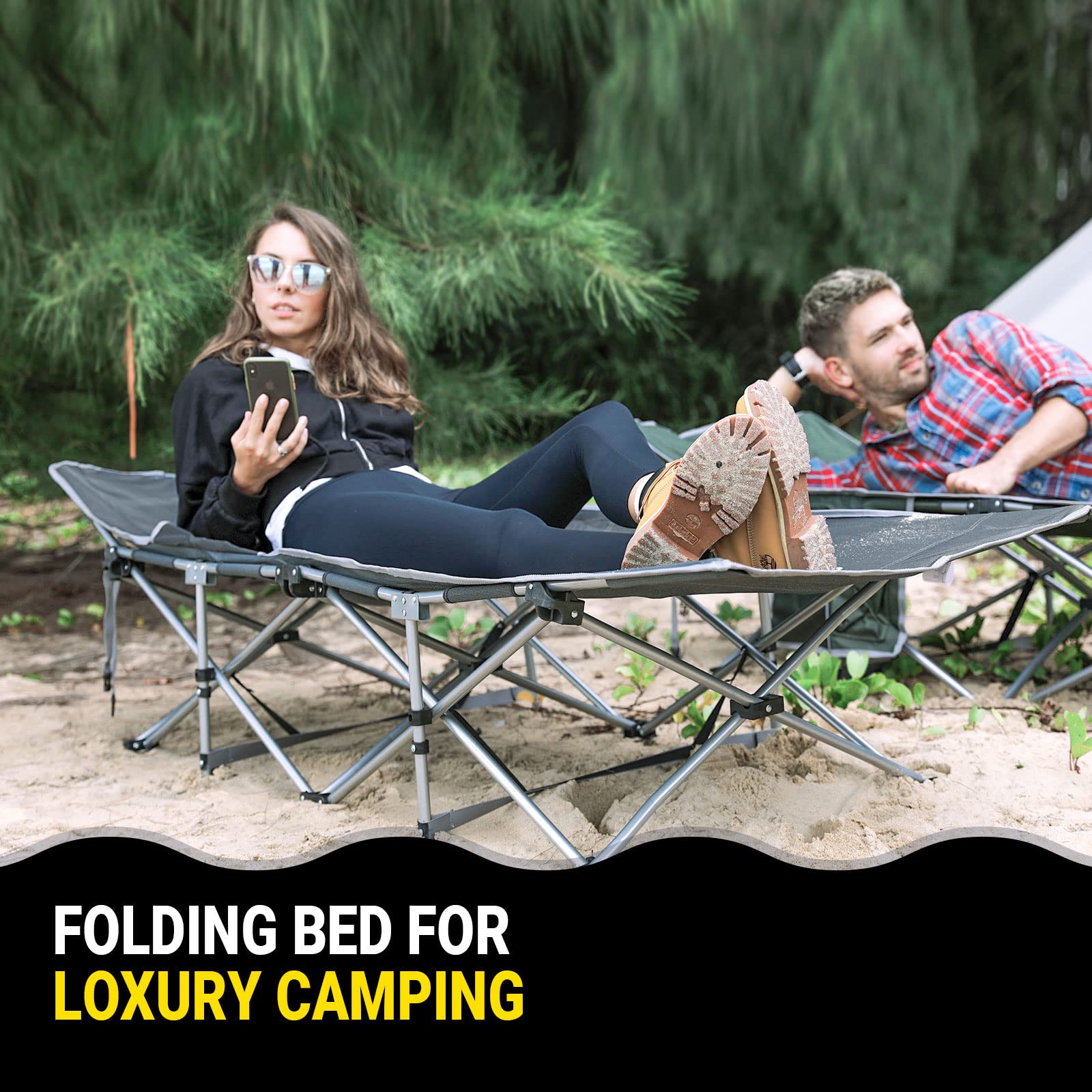 KingCamp cot includes side pocket for essentials within reach