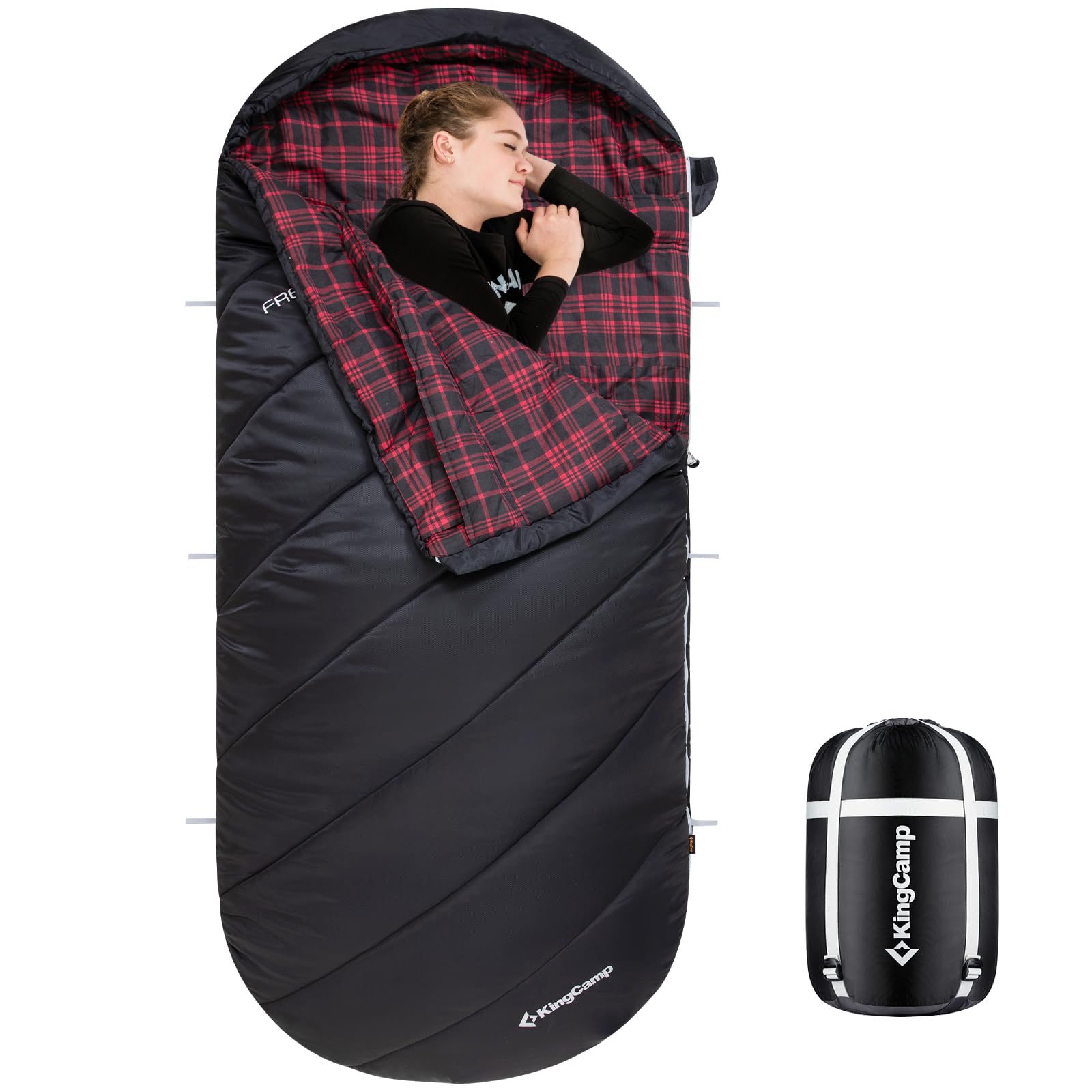 KingCamp XL hooded sleeping bag outdoors shows roomy comfort for all-night sleep.
