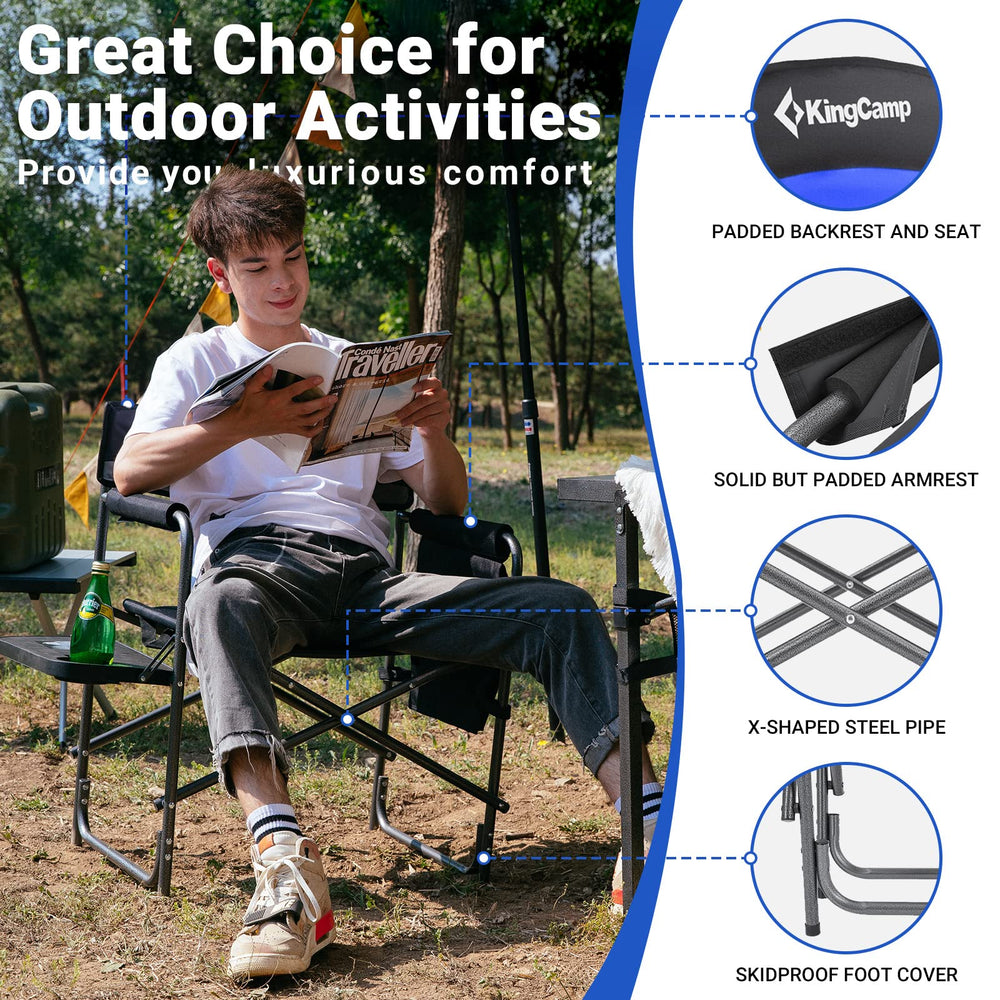 KingCamp Directors Chair Blue carry handle and storage pocket improve portability
