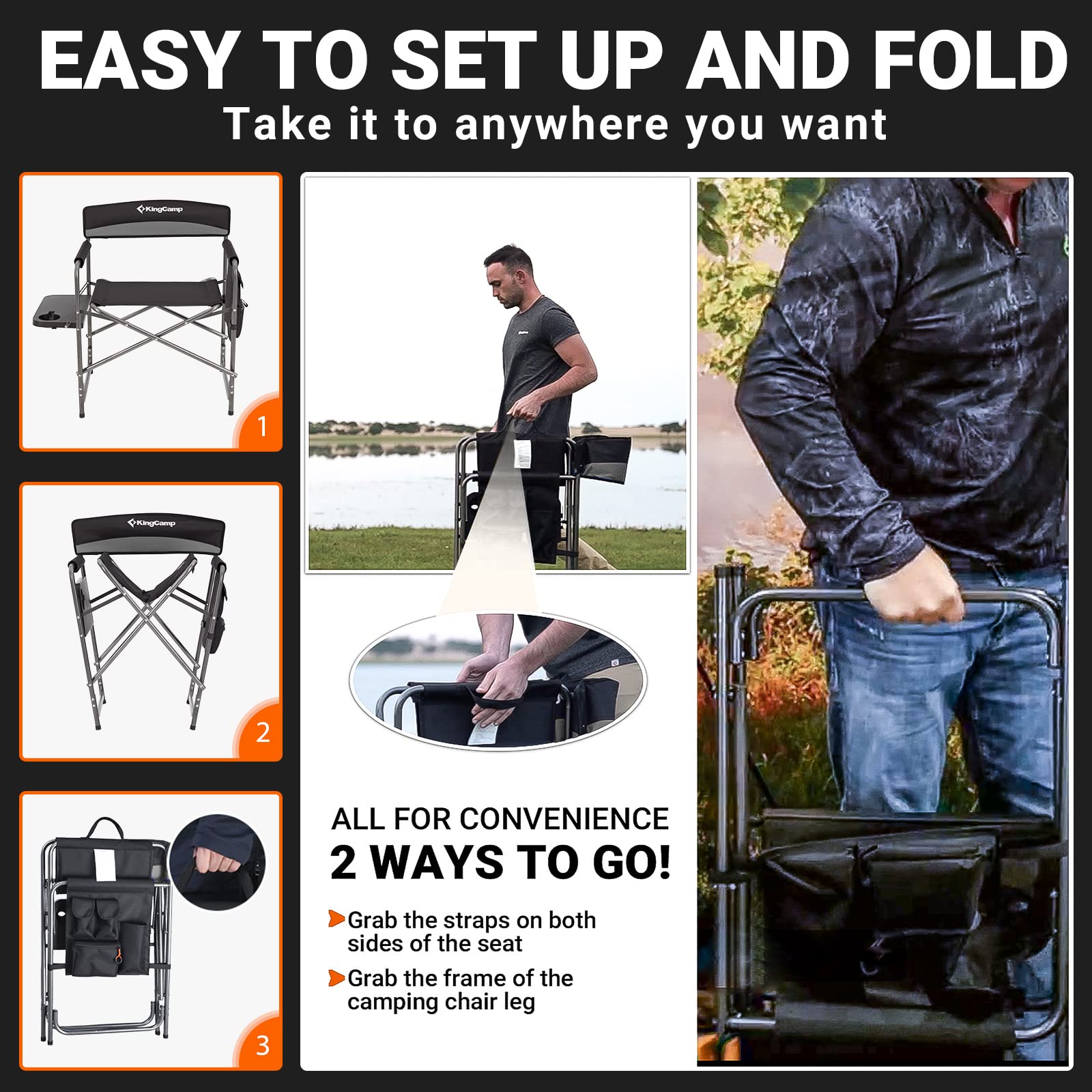 KingCamp Directors chair alloy steel frame offers rugged durability.
