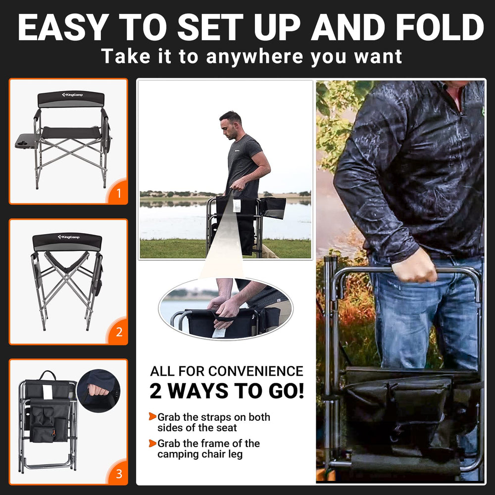 KingCamp Directors chair alloy steel frame offers rugged durability.