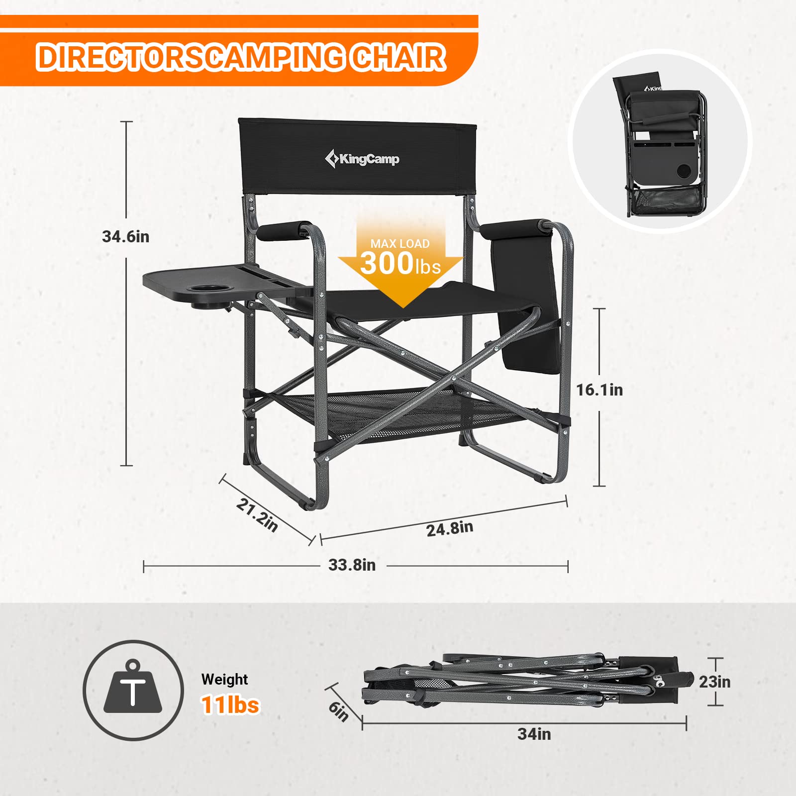 KingCamp Directors Chair with durable 600D Oxford fabric for breathable outdoor seating