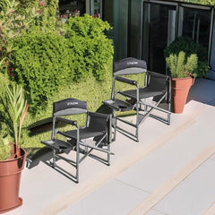 KingCamp Directors chair side table with cupholder keeps drinks within reach.