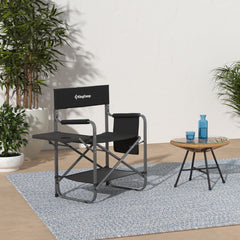 KingCamp Directors Chair storing sunglasses, magazines, and small gear in detachable pockets.