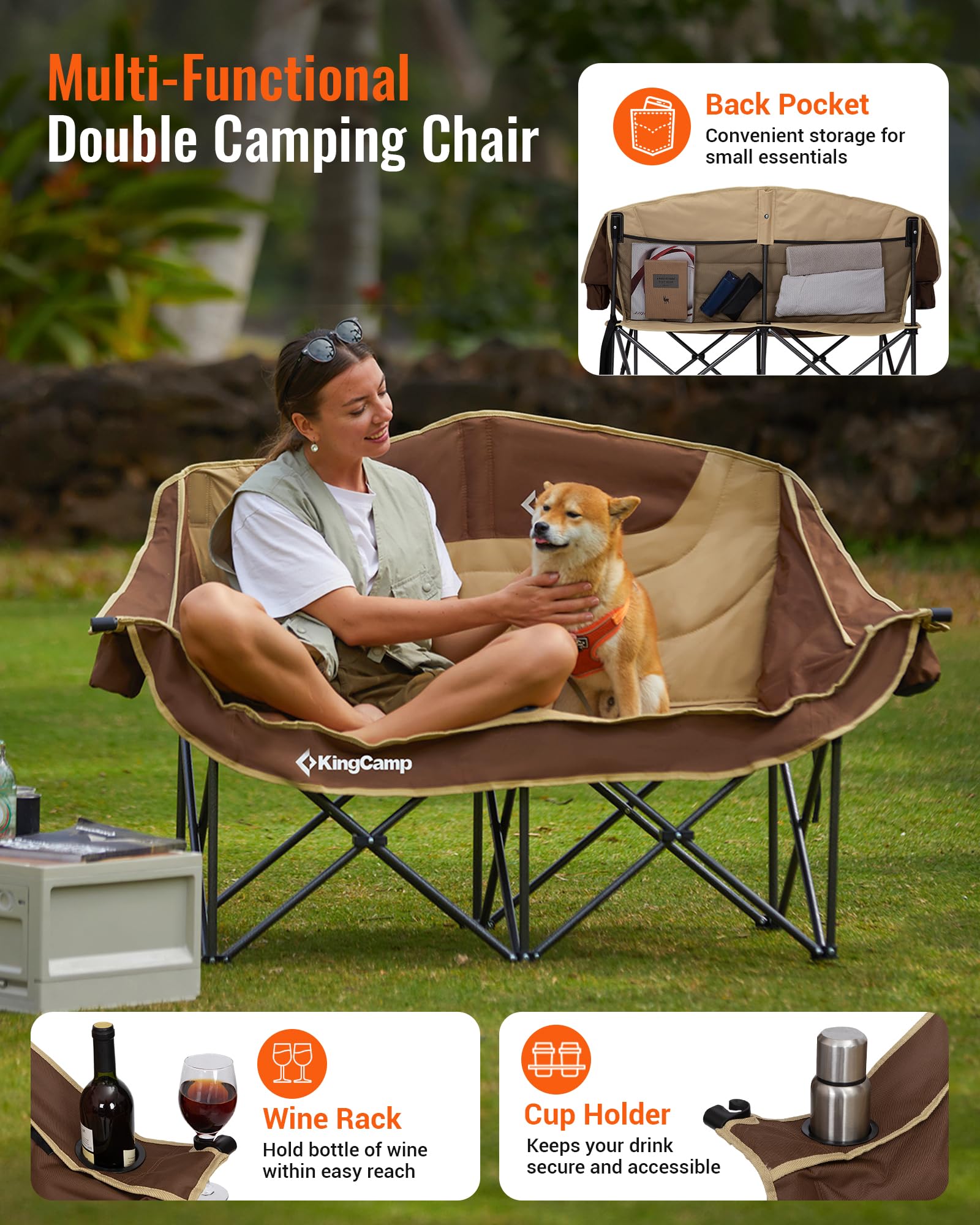 KingCamp double camping chair backrest pocket keeps essentials within reach