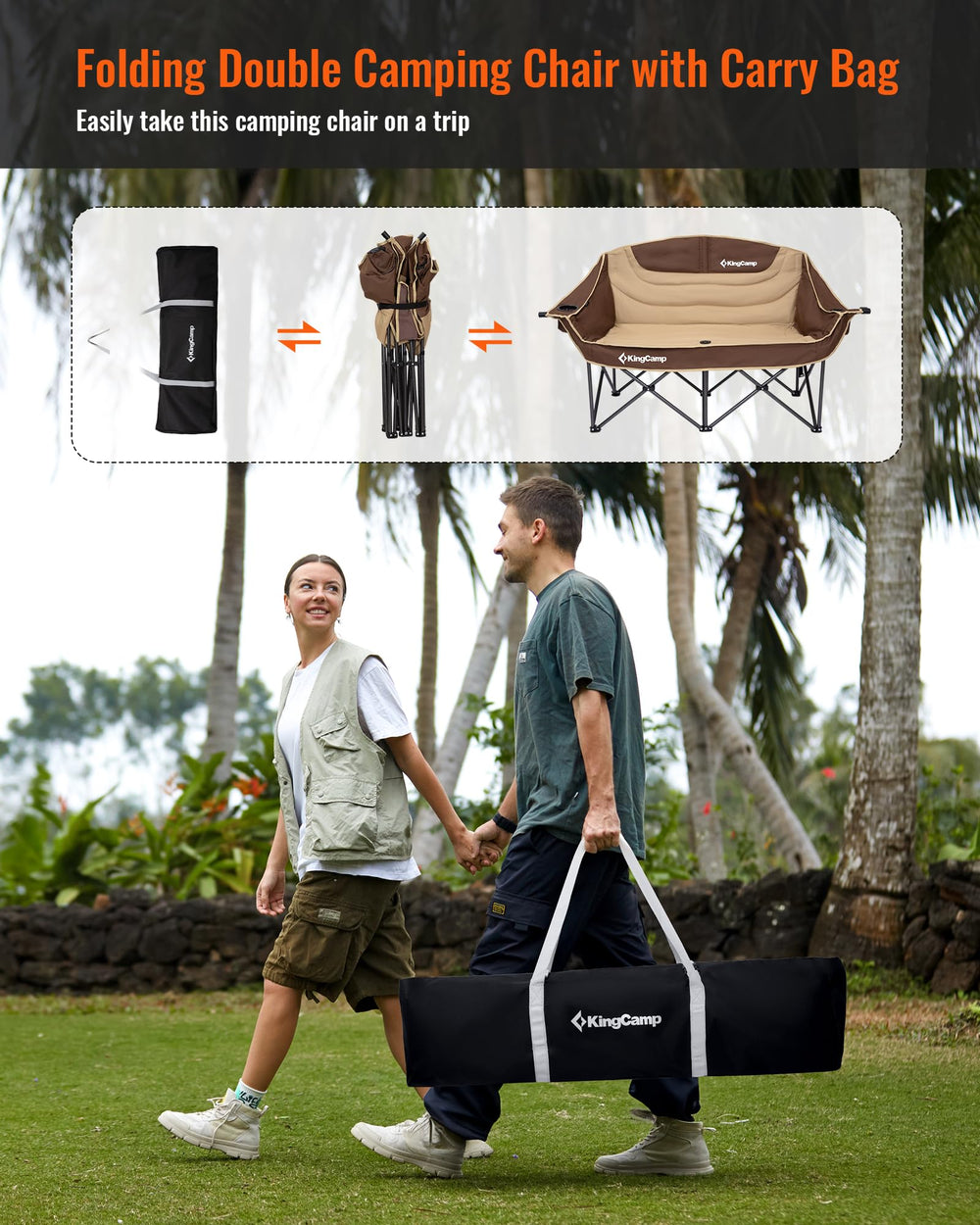 KingCamp double camping chair suitable for grass sand and dirt outdoor surfaces
