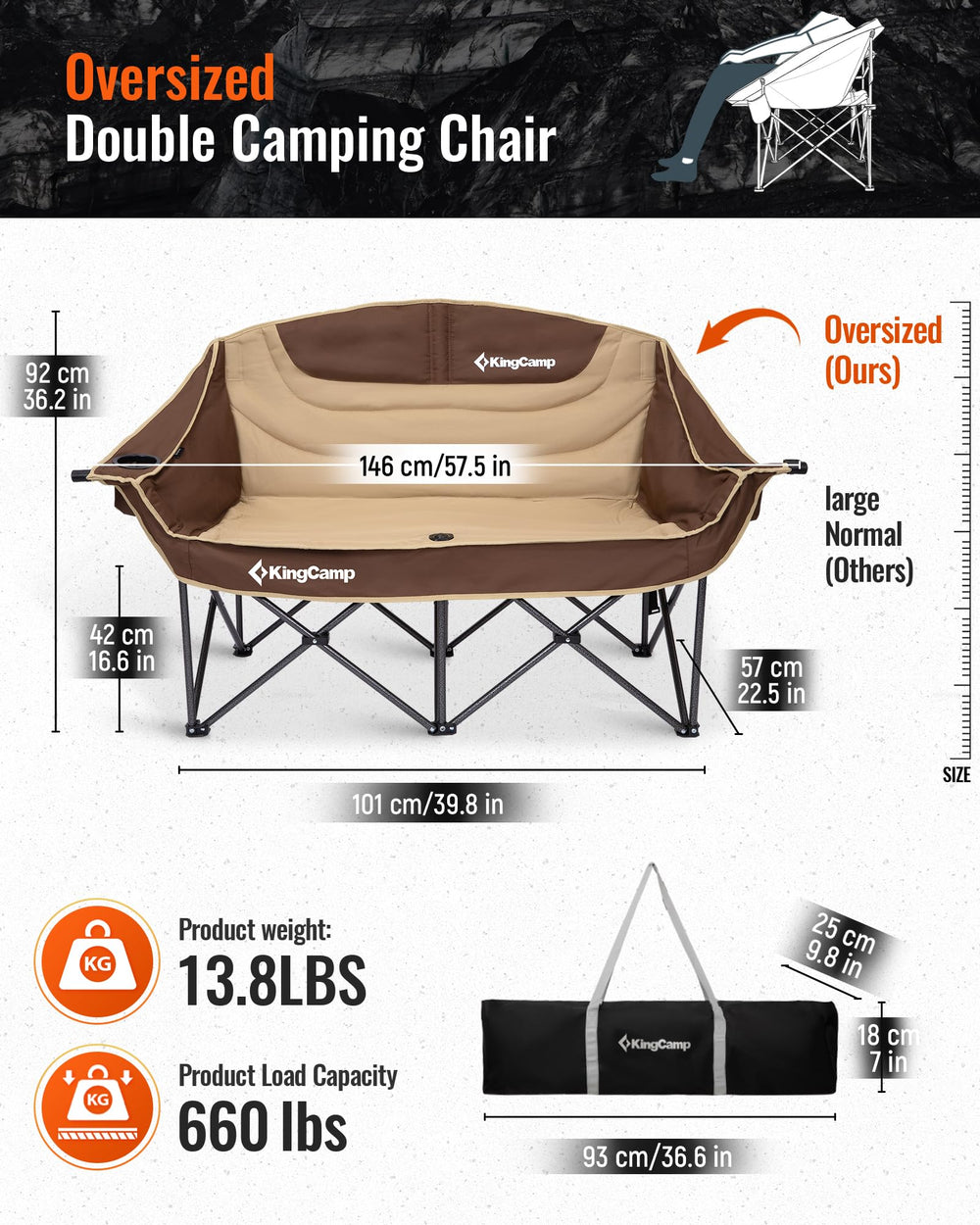 KingCamp double camping chair sturdy steel frame ensures stable seating on lawns and beaches