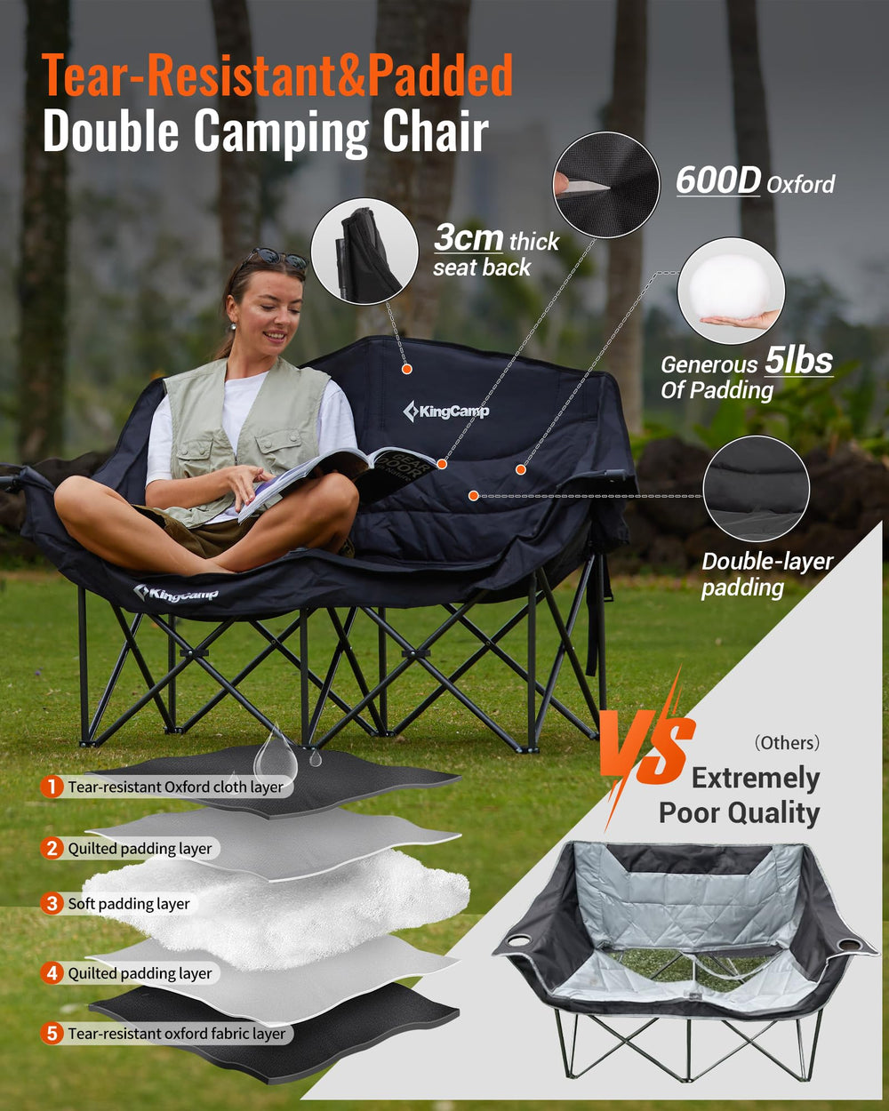 KingCamp double camping chair two-person loveseat demonstrates sturdy 660lb capacity