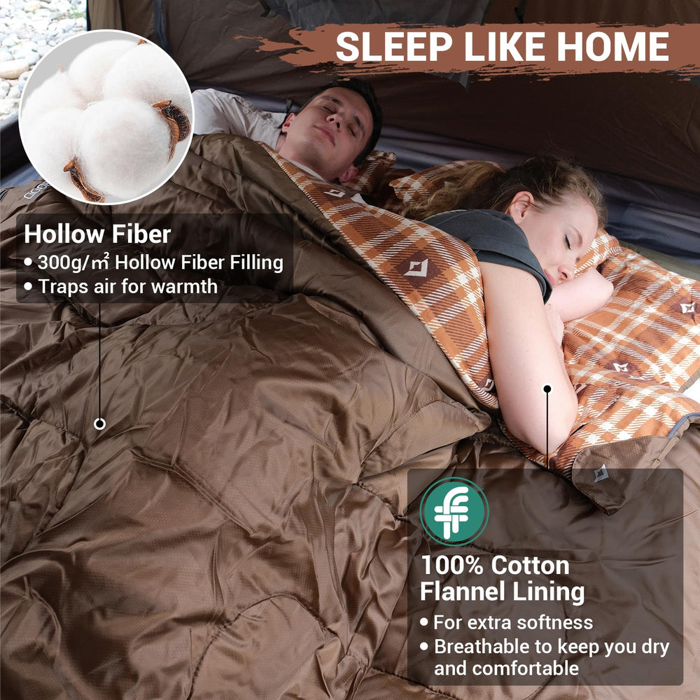 KingCamp double sleeping bag two-bags setup demonstrates split configuration for solo camping