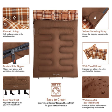 KingCamp double sleeping bag Velcro neckline secures zippers and reduces drafts
