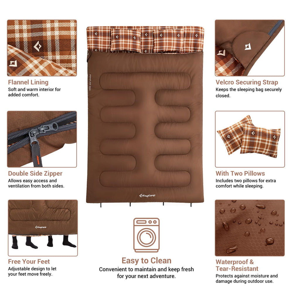 KingCamp double sleeping bag Velcro neckline secures zippers and reduces drafts