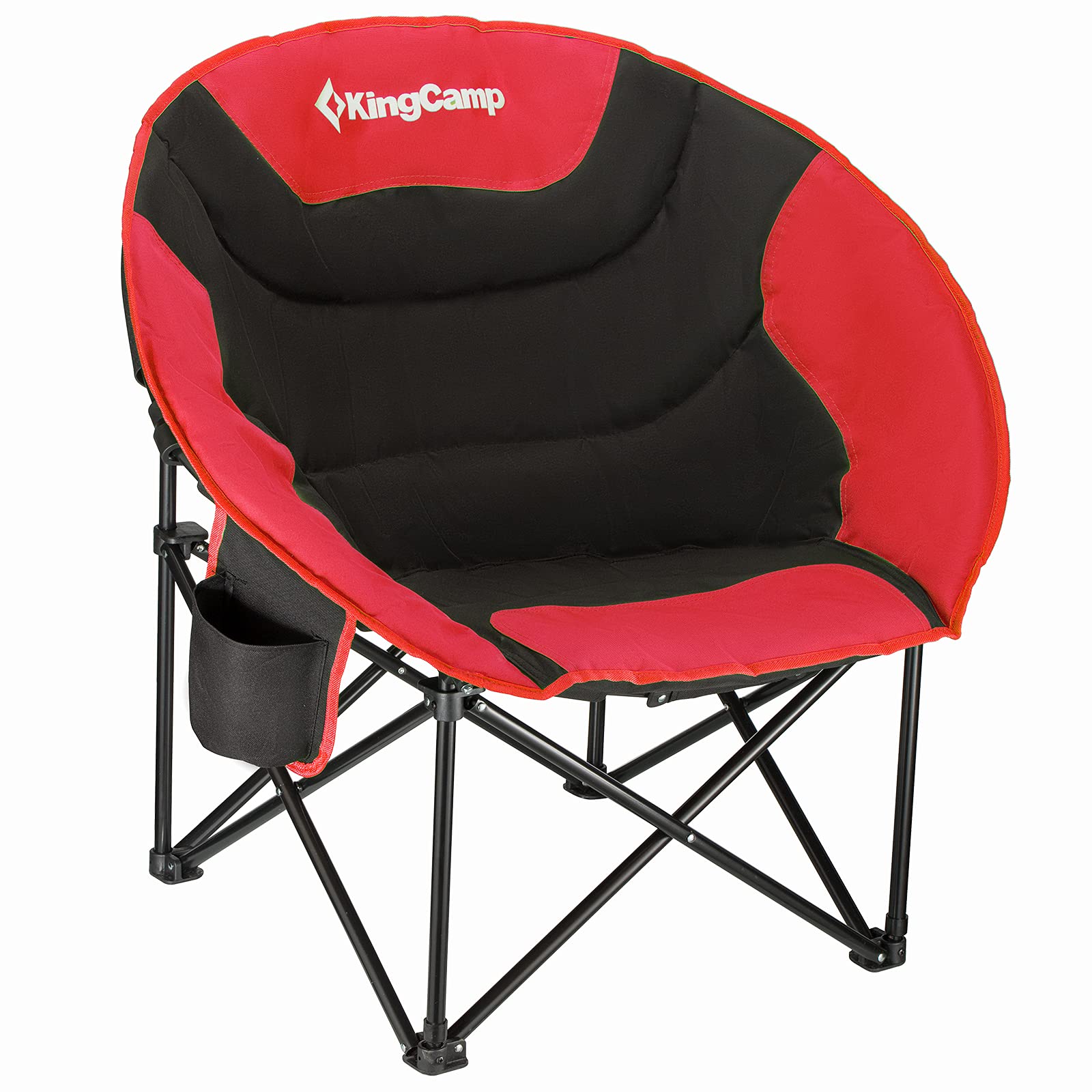 KingCamp foldable saucer moon lounge chair in black and red for outdoor relaxation.