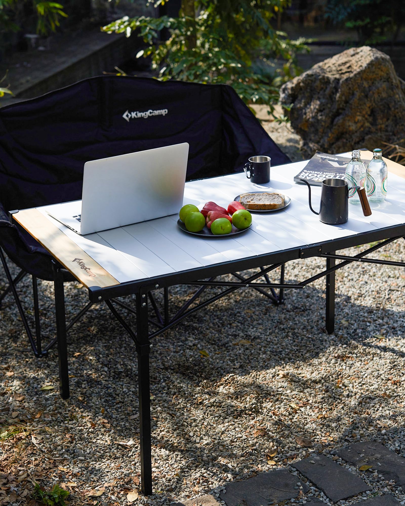 KingCamp folding aluminum table side view emphasizes quick setup and portability.