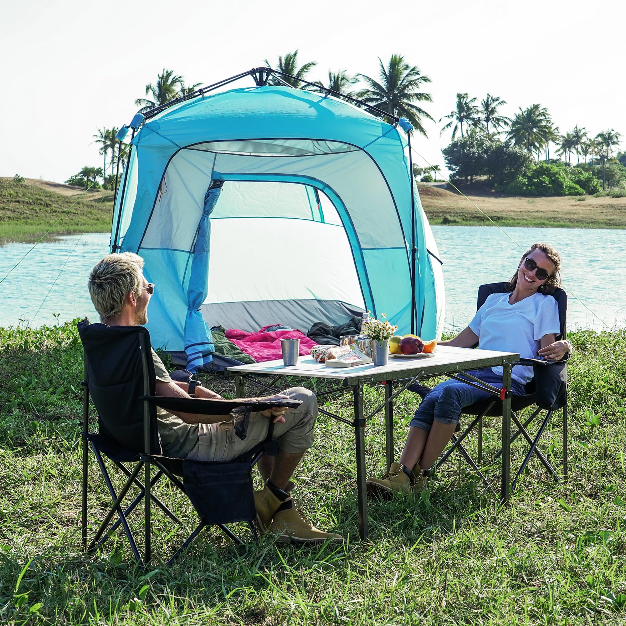 KingCamp folding chair showing insulated cooler sleeve for drinks on the go.