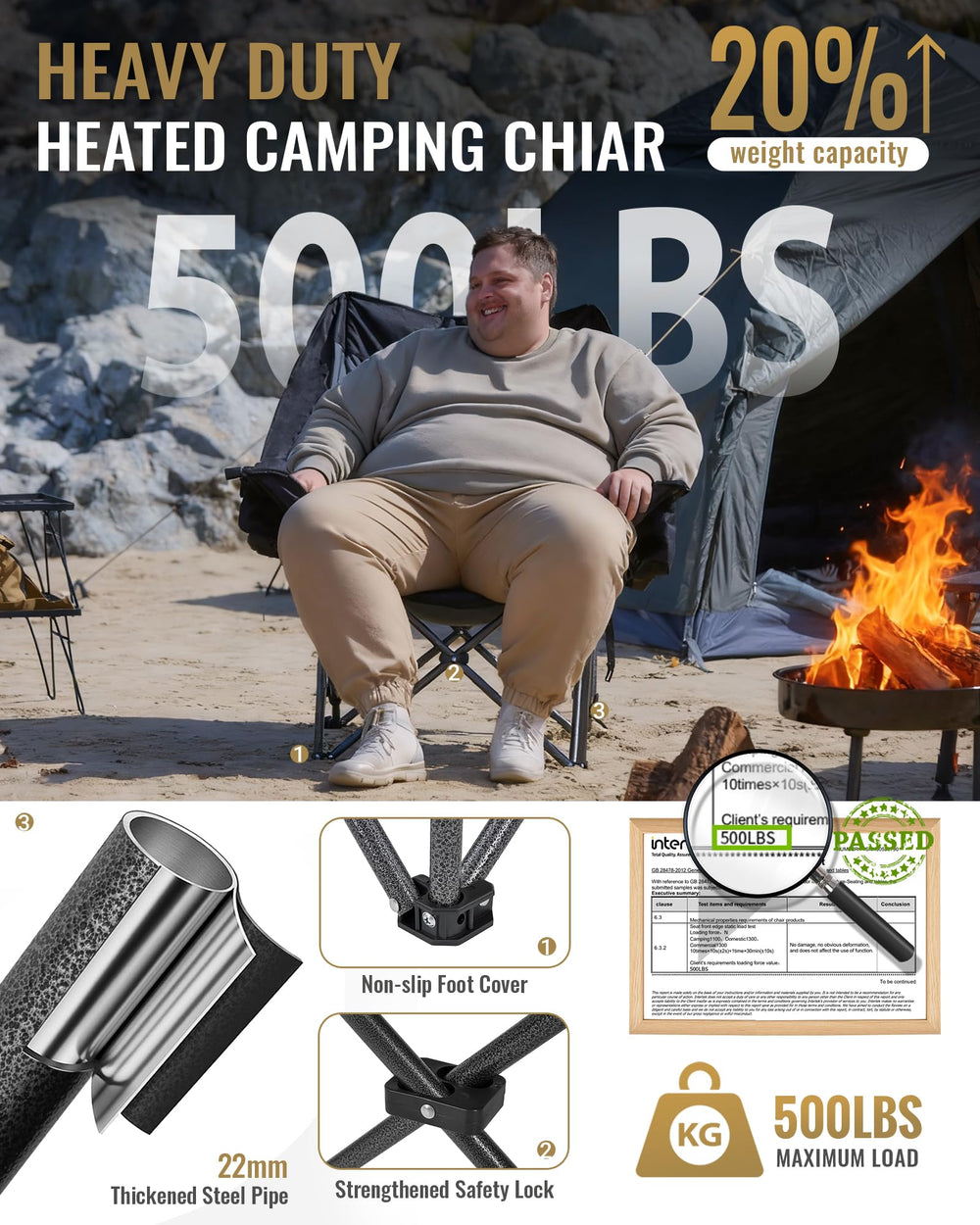 KingCamp heated oversized xl chair padding close-up reveals thick cushioning and durable fabric