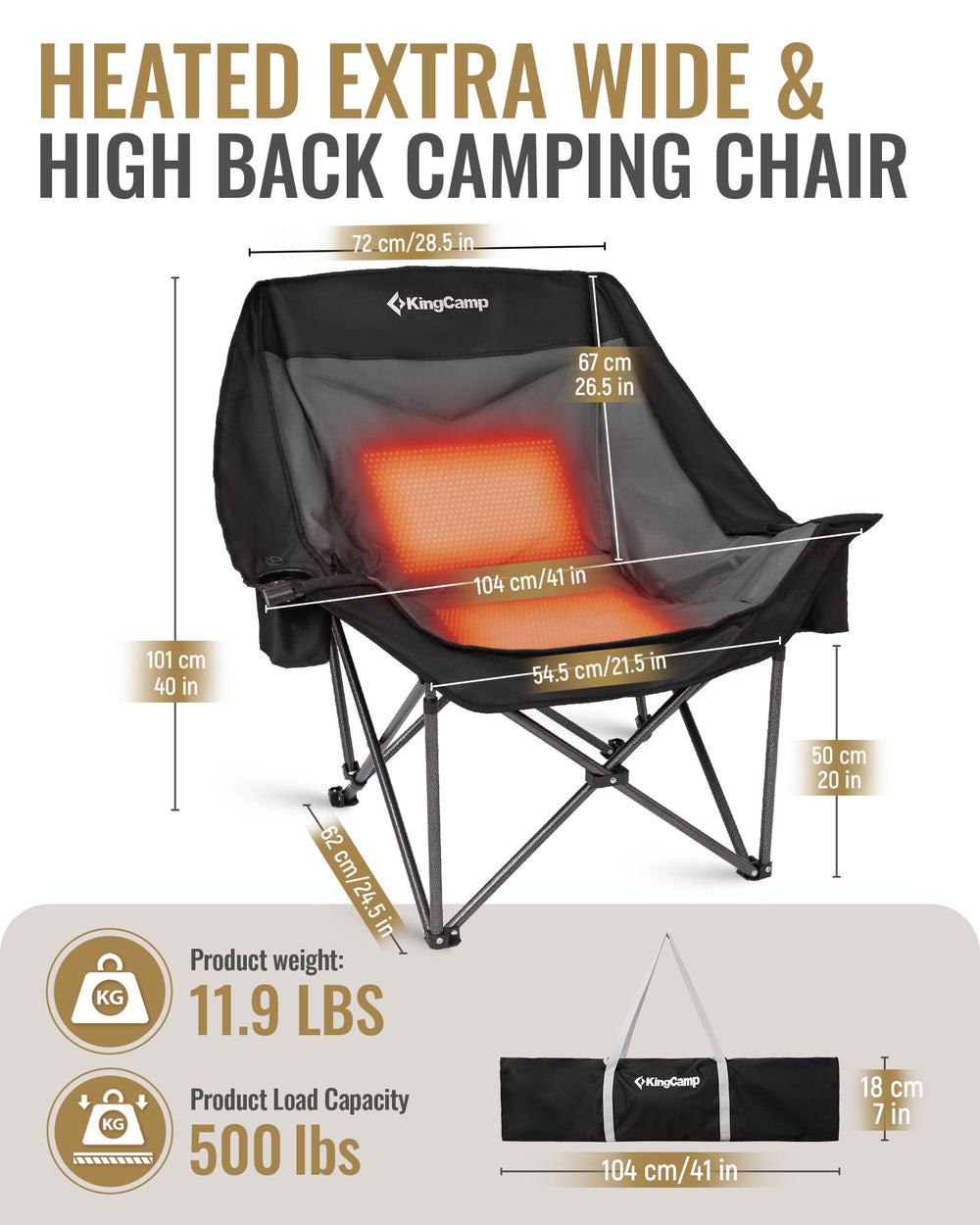 KingCamp heated oversized xl chair side view highlights sturdy frame for heavy-duty outdoor seating