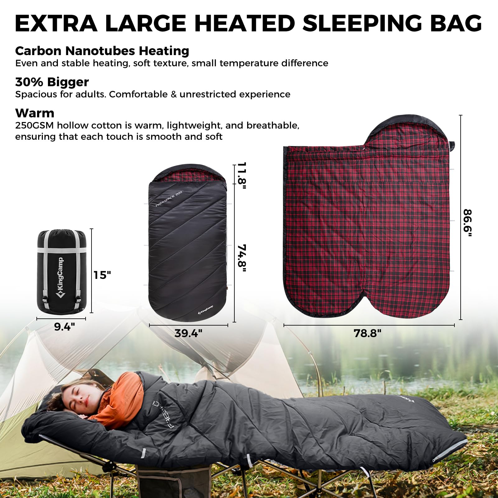 KingCamp heated sleeping bag features waterproof 230T diamond-pattern polyester