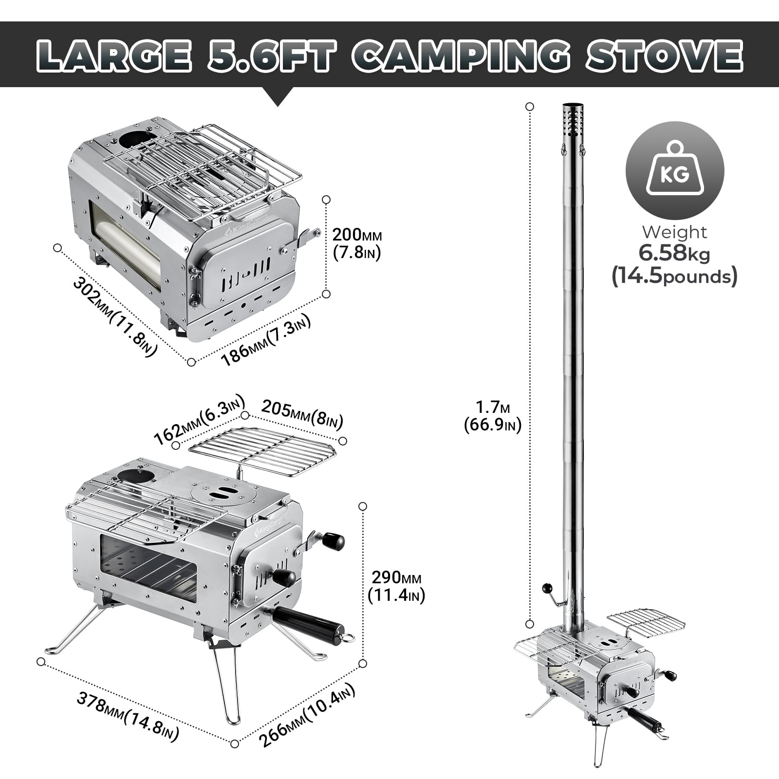 KingCamp hot tent stove with detachable side racks expanding cooking space.