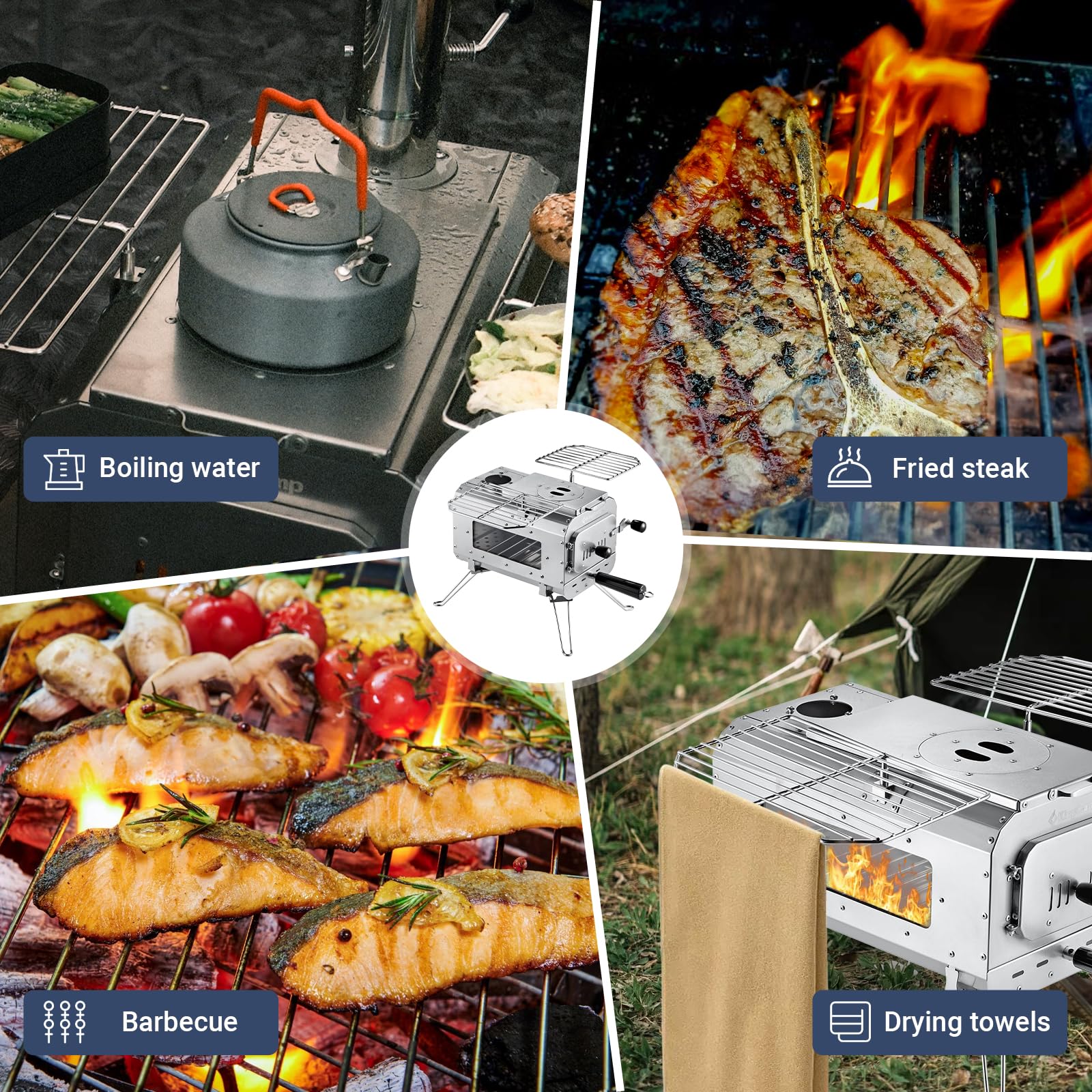 KingCamp hot tent stove large firebox for convenient cooking and heating.