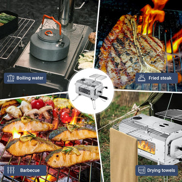 KingCamp hot tent stove large firebox for convenient cooking and heating.