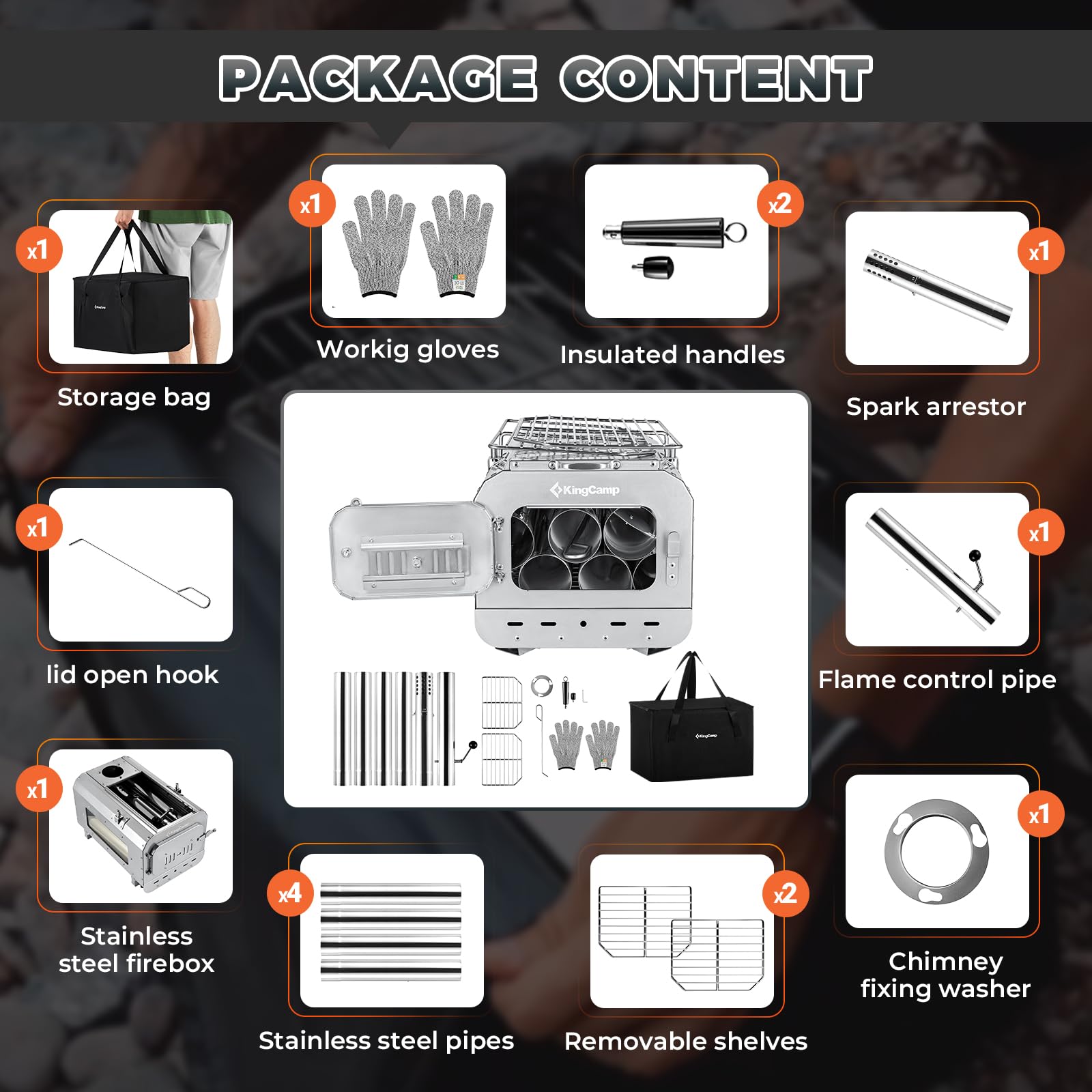 KingCamp hot tent stove with foldable legs saving packing space.