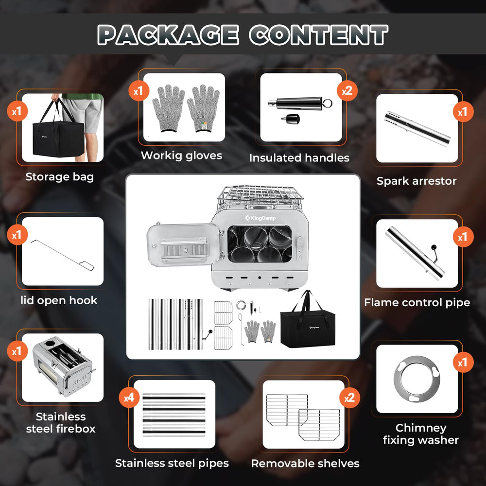 KingCamp hot tent stove with foldable legs saving packing space.