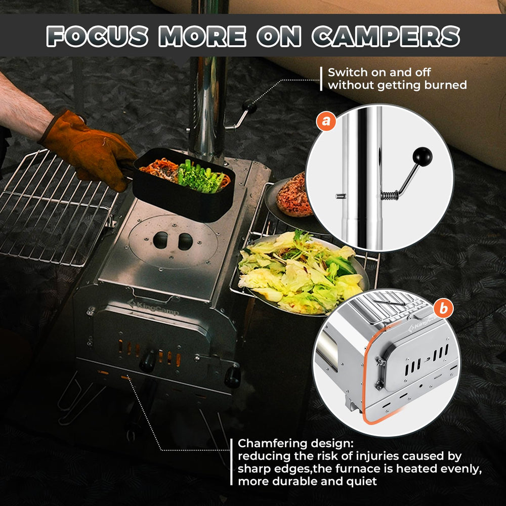 KingCamp hot tent stove heat-resistant glass lets you watch the flame safely.