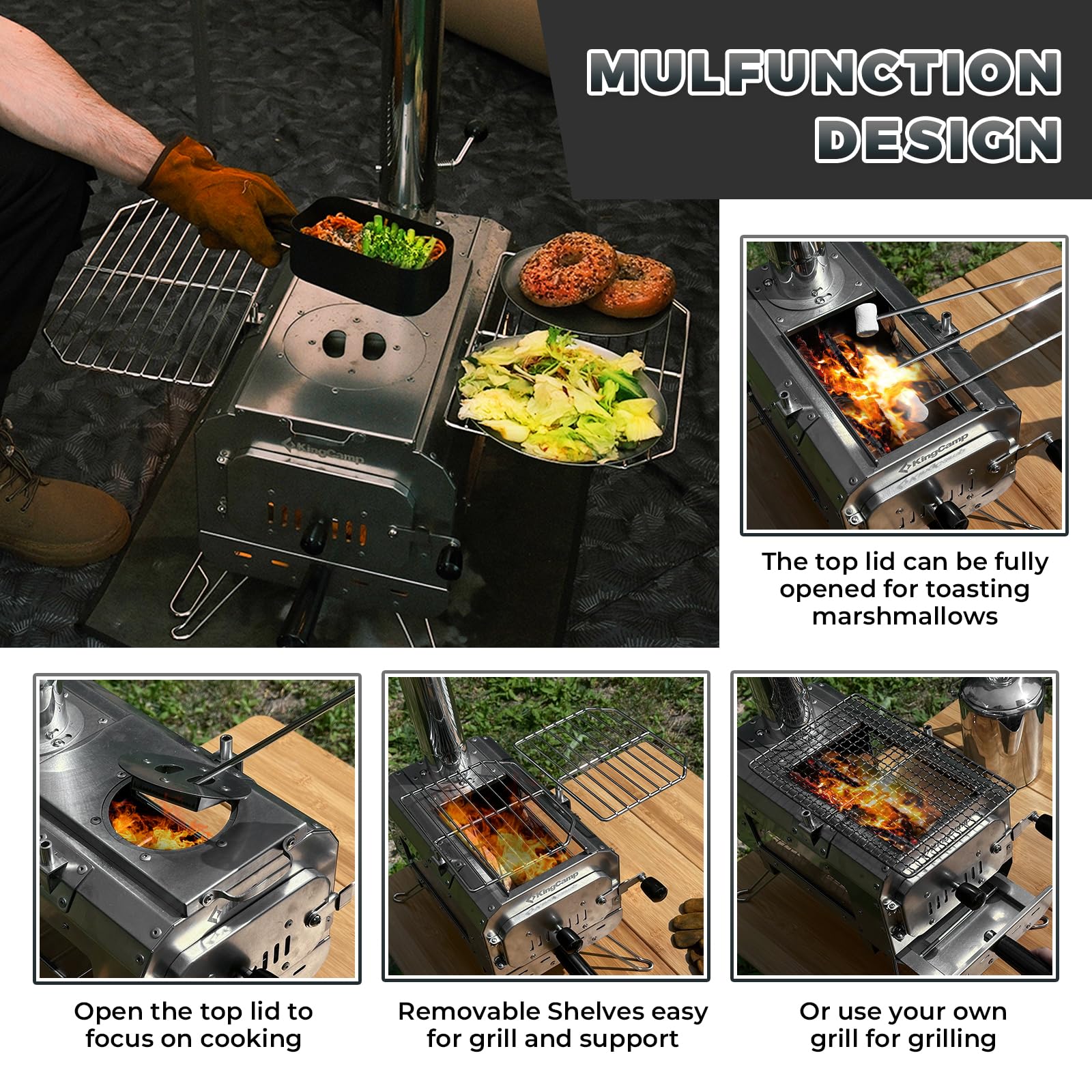 KingCamp hot tent stove stainless steel frame offers rugged durability outdoors.