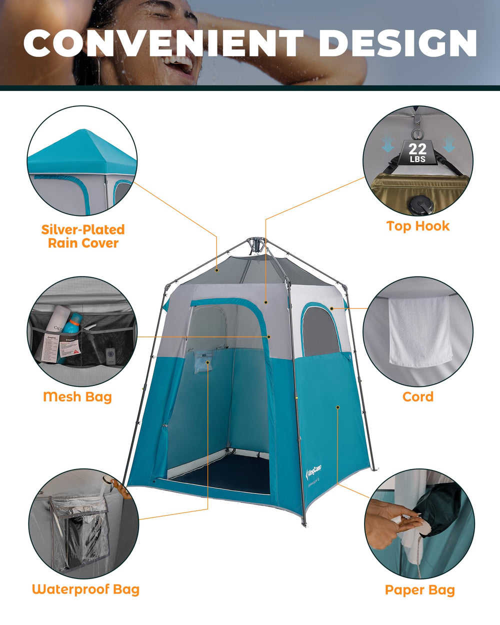 KingCamp Instant Shower Tent floor drainage feature ready for moisture control