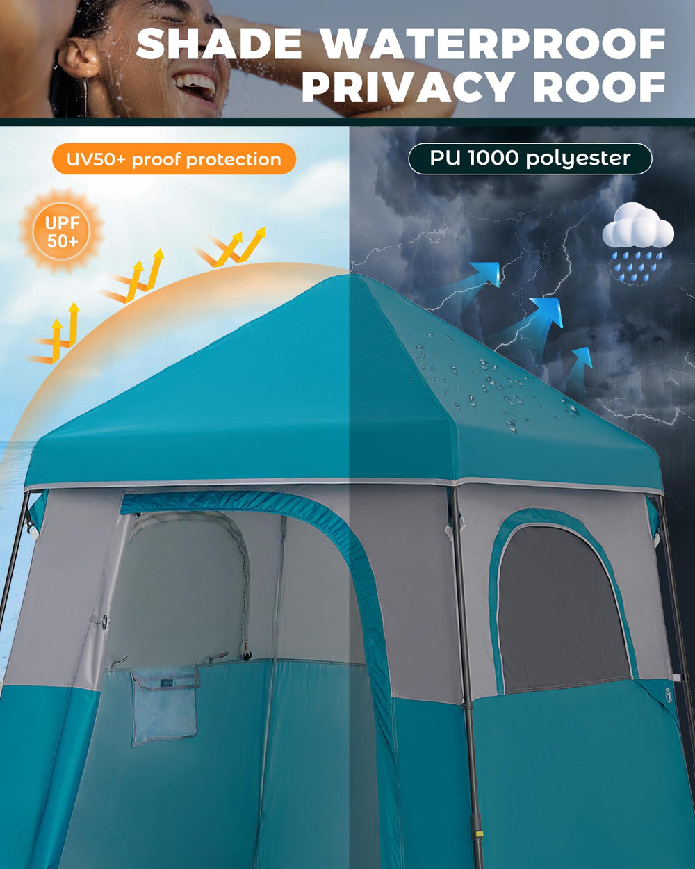 KingCamp Instant Shower Tent fully assembled in a spacious outdoor setup