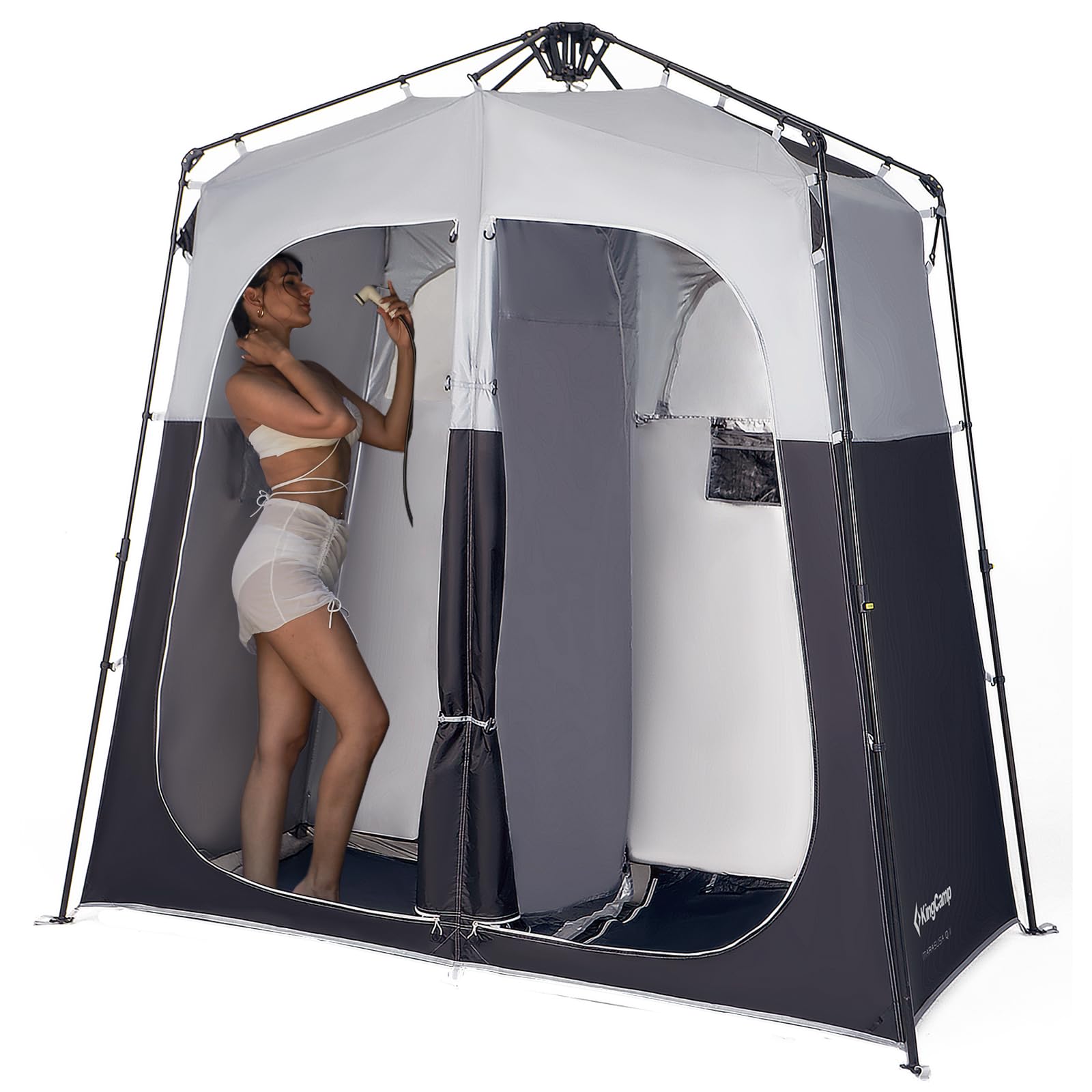 KingCamp instant shower tent in use showing quick setup for outdoor privacy.